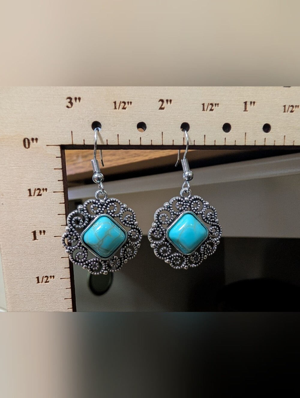 Turquoise Square Stone Filigree Drop Earrings - Women Jewelry